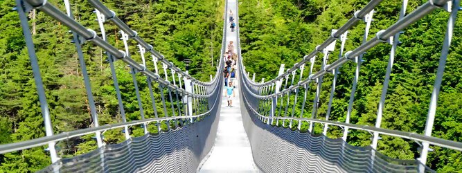 Trip Niederösterreich Reisetipps - highline179 - Die Brücke BlickMitKick | einmalige Kulisse und spektakulärer Panoramablick | 20 Gehminuten und man findet | die längste Hängebrücke der Welt | Weltrekord Hängebrücke im Tibet Style - Die highline179 ist eine Fußgänger-Hängebrücke in Form einer Seilbrücke über die Fernpassstraße B 179 südlich von Reutte in Tirol (Österreich). Sie erstreckt sich in einer Höhe von 113 bis 114 m über die Burgenwelt Ehrenberg und verbindet die Ruine Ehrenberg mit dem Fort Claudia.